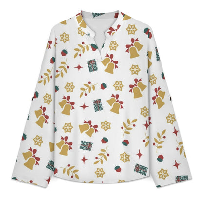 Christmas Pattern Roll Tab 3/4 Sleeve Notched V Neck Tunic Blouse