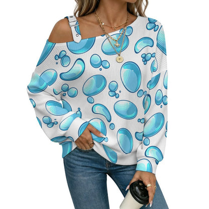Blue Water Droplets Fall Casual Asymmetric Shoulder Knit Top with Buckle Detail