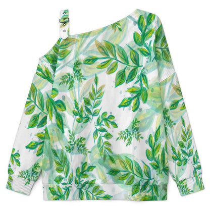 Fall Casual Asymmetric Shoulder Knit Top with Buckle Detail Ink Painting, Green Leaves