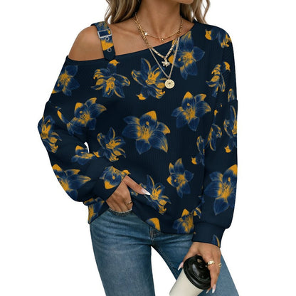 Buckle Strap Asymmetrical Off Shoulder Knit Sweater Flower Pattern