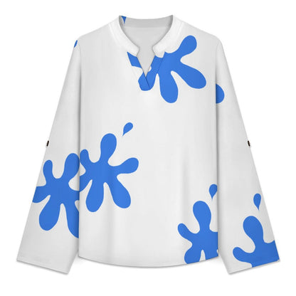 Women's Notched V Neck Tunic Tops, Roll Up 3/4 Sleeve Button Cuff Casual Blouse, Hem Loose Work Shirts  Blue Stains, Repeating Pattern