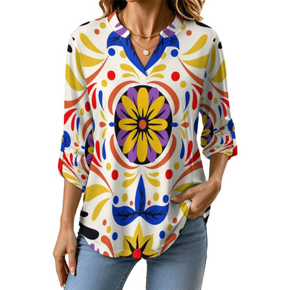 Stand-up Collar Long-sleeved Shirt Mexico Pattern white SWomen’s V-Neck Blouses