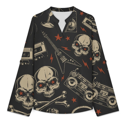 Retro Skull Pattern, Music  Versatile Notched V-Neck Tunic | Roll Tab 3/4 Sleeve Office Casual Top