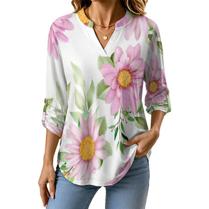 Stand-up Collar Long-sleeved Shirt Pink Flowers, Background  Customization Women’s V-Neck Blouses,long Sleeve,Roll-Up Sleeve Shirt