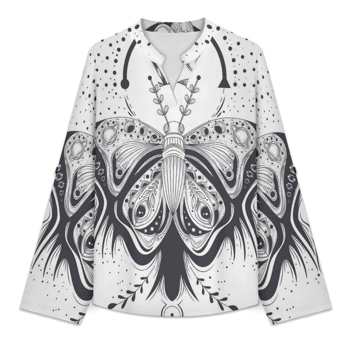 Stand-up Collar Long-sleeved Shirt Butterfly, Galaxy  Customization Women’s V-Neck Blouses,long Sleeve,Roll-Up Sleeve Shirt