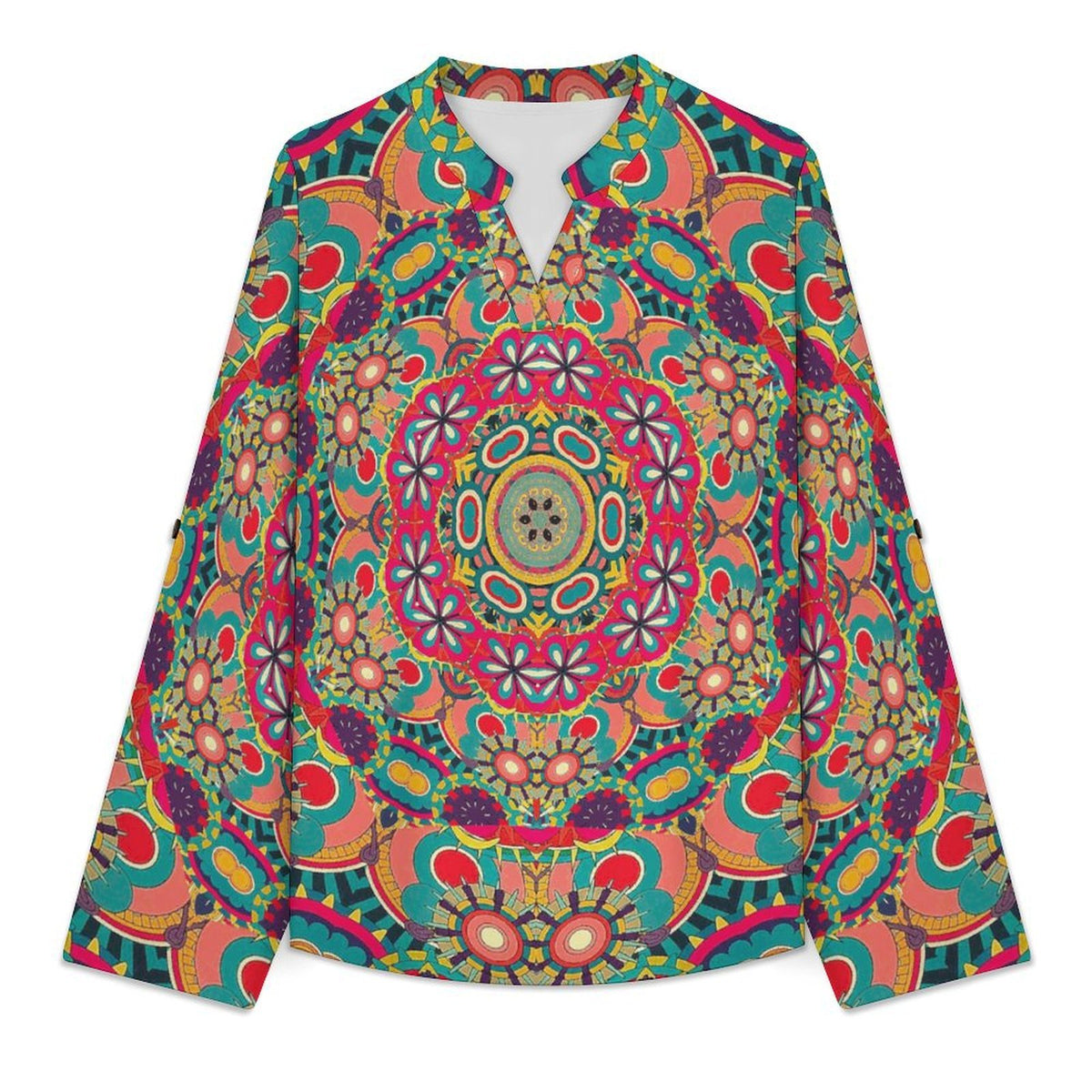 Stand-up Collar Long-sleeved Shirt Summer, Surfing, Seaside  Customization Women’s V-Neck Blouses,long Sleeve,Roll-Up Sleeve Shirt