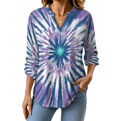 Women's Notched V Neck Tunic Tops, Roll Up 3/4 Sleeve Button Cuff Casual Blouse, Hem Loose Work Shirts  Tie-dye Radiation Blue Purple