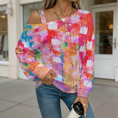 Off-the-shoulder Sweater Tile Colorful Cake  Asymmetric Cold Shoulder Knit Sweater for Women, Adjustable Buckle Strap Long Sleeve Casual Slouchy Pullover