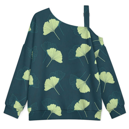 Off-the-shoulder Sweater Falling Ginkgo Leaves  Asymmetric Cold Shoulder Knit Sweater for Women, Adjustable Buckle Strap Long Sleeve Casual Slouchy Pullover