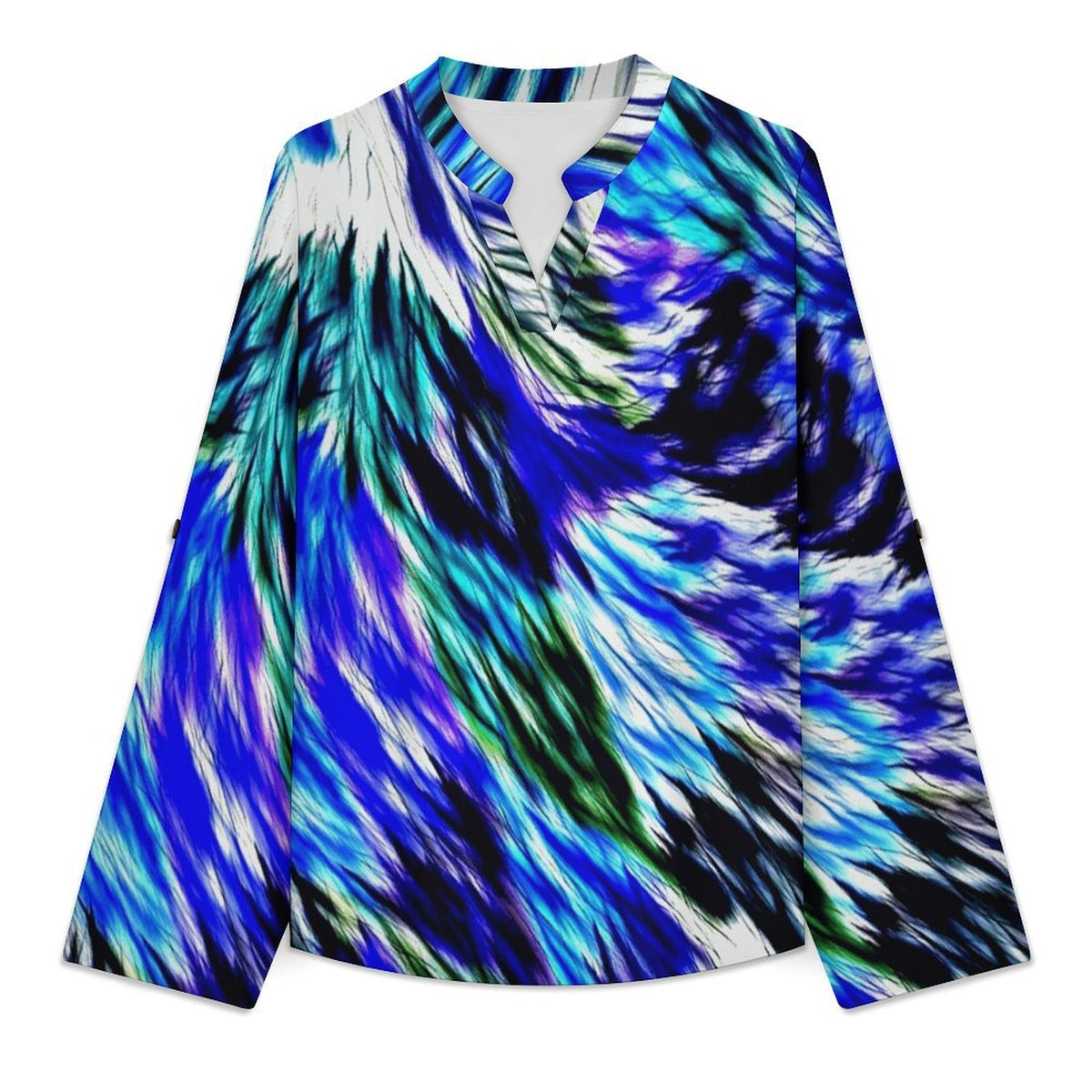 Stand-up Collar Long-sleeved Shirt Colorful Feather Pattern  Customization Women’s V-Neck Blouses,long Sleeve,Roll-Up Sleeve Shirt