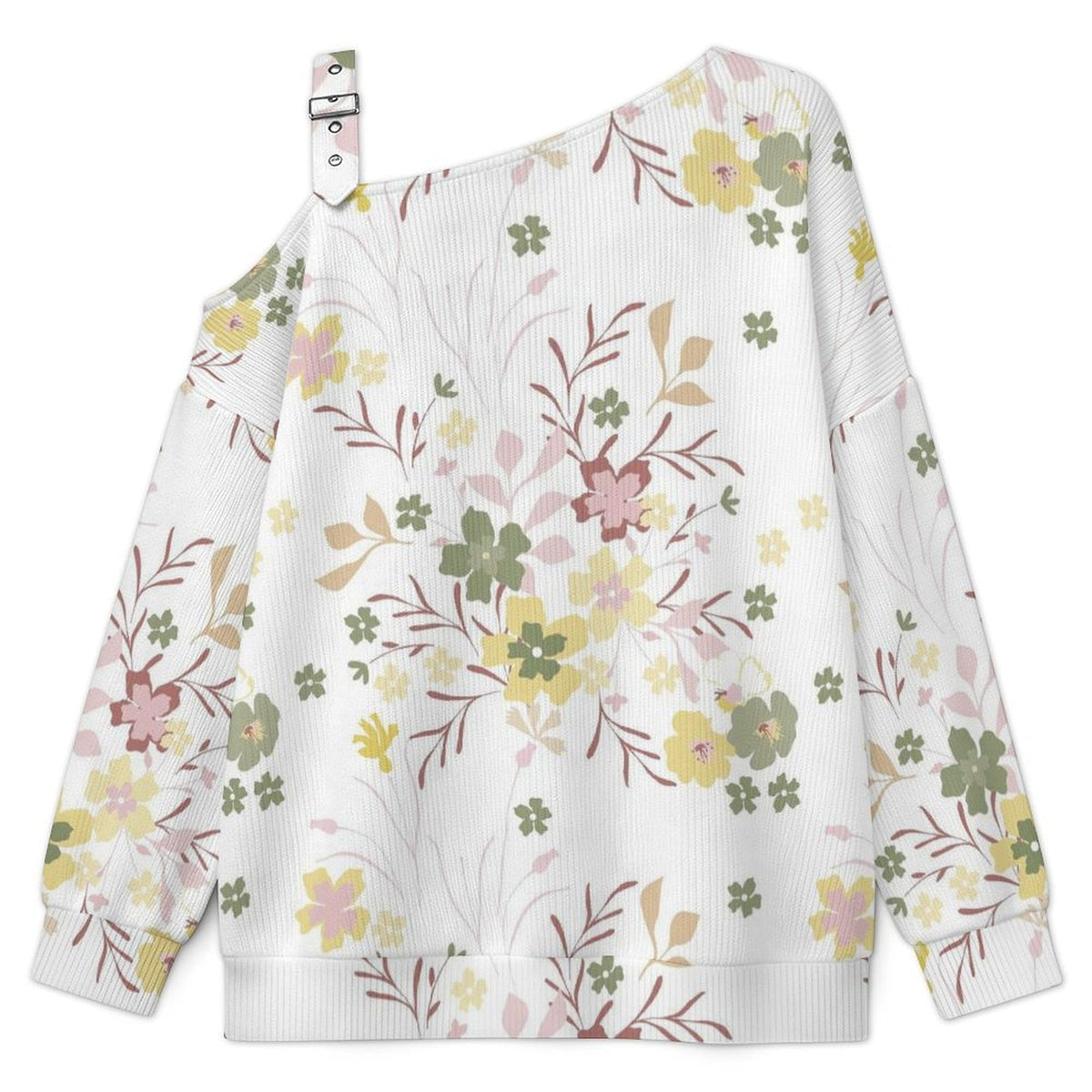 Off-the-shoulder Sweater Floral Pattern  Asymmetric Cold Shoulder Knit Sweater for Women, Adjustable Buckle Strap Long Sleeve Casual Slouchy Pullover