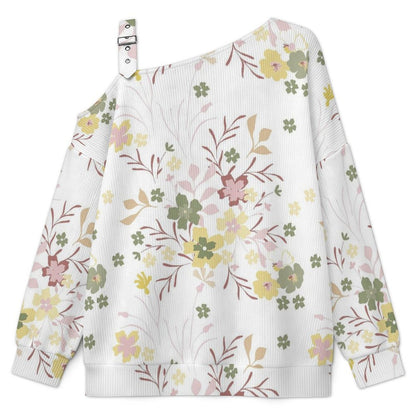 Off-the-shoulder Sweater Floral Pattern  Asymmetric Cold Shoulder Knit Sweater for Women, Adjustable Buckle Strap Long Sleeve Casual Slouchy Pullover