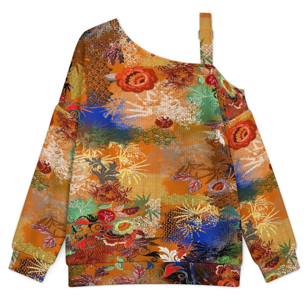 Off-the-shoulder Sweater Exotic Ethnic Patterns  Asymmetric Cold Shoulder Knit Sweater for Women, Adjustable Buckle Strap Long Sleeve Casual Slouchy Pullover