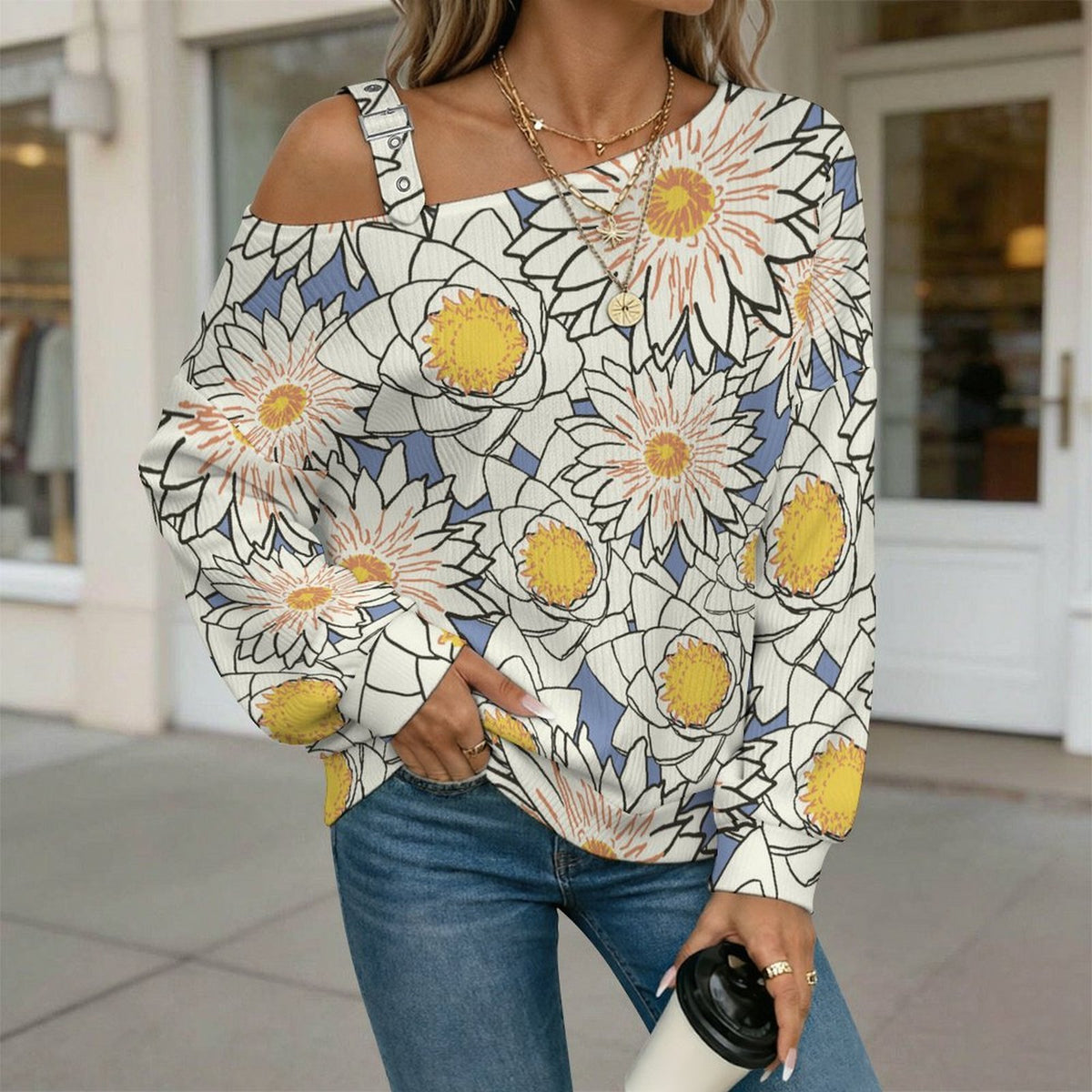 Buckle Strap Asymmetrical Off Shoulder Knit Sweater Flowers