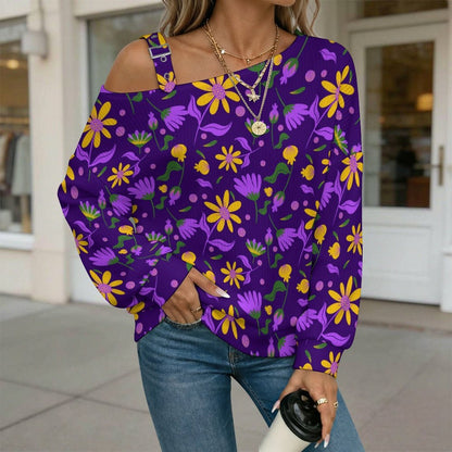Women’s Off-Shoulder Knit Sweater Flower Pattern Repeat