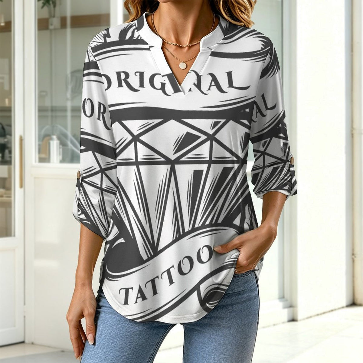 Stand-up Collar Long-sleeved Shirt Roses, Diamonds  Customization Women’s V-Neck Blouses,long Sleeve,Roll-Up Sleeve Shirt