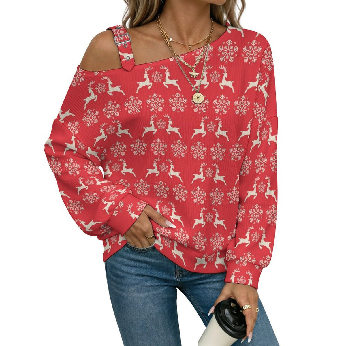 Off-the-shoulder Sweater Christmas-snowflake-reindeer-red-tiled-repeat  Asymmetric Cold Shoulder Knit Sweater for Women, Adjustable Buckle Strap Long Sleeve Casual Slouchy Pullover