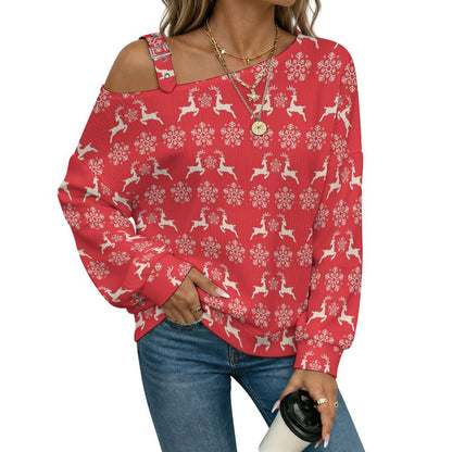 Off-the-shoulder Sweater Christmas-snowflake-reindeer-red-tiled-repeat  Asymmetric Cold Shoulder Knit Sweater for Women, Adjustable Buckle Strap Long Sleeve Casual Slouchy Pullover