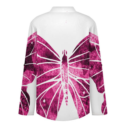 Stand-up Collar Long-sleeved Shirt Red, Butterfly  Customization Women’s V-Neck Blouses,long Sleeve,Roll-Up Sleeve Shirt