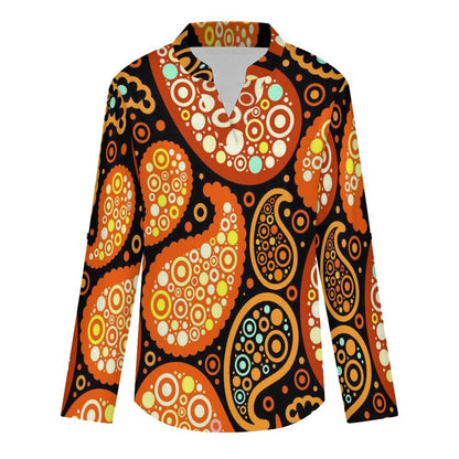 Stand-up Collar Long-sleeved Shirt Paisley  Customization Women’s V-Neck Blouses,long Sleeve,Roll-Up Sleeve Shirt