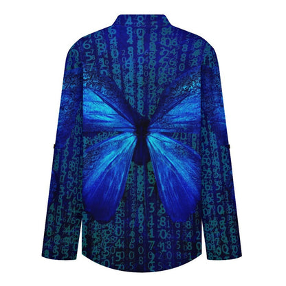 Stand-up Collar Long-sleeved Shirt Digital Butterfly  Customization Women’s V-Neck Blouses,long Sleeve,Roll-Up Sleeve Shirt