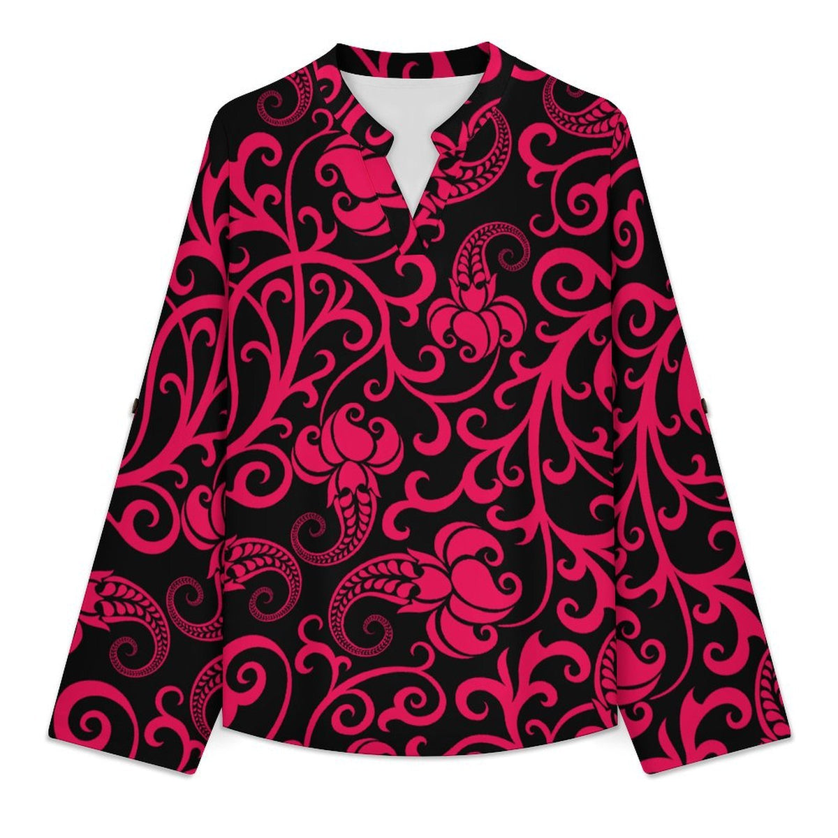 Women Curved Hem V Neck Roll Sleeve Casual Work Top  Repeat Pattern Black