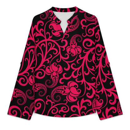 Women Curved Hem V Neck Roll Sleeve Casual Work Top  Repeat Pattern Black
