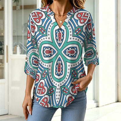 Stand-up Collar Long-sleeved Shirt Chinese Style Repeating Pattern  Customization Women’s V-Neck Blouses,long Sleeve,Roll-Up Sleeve Shirt