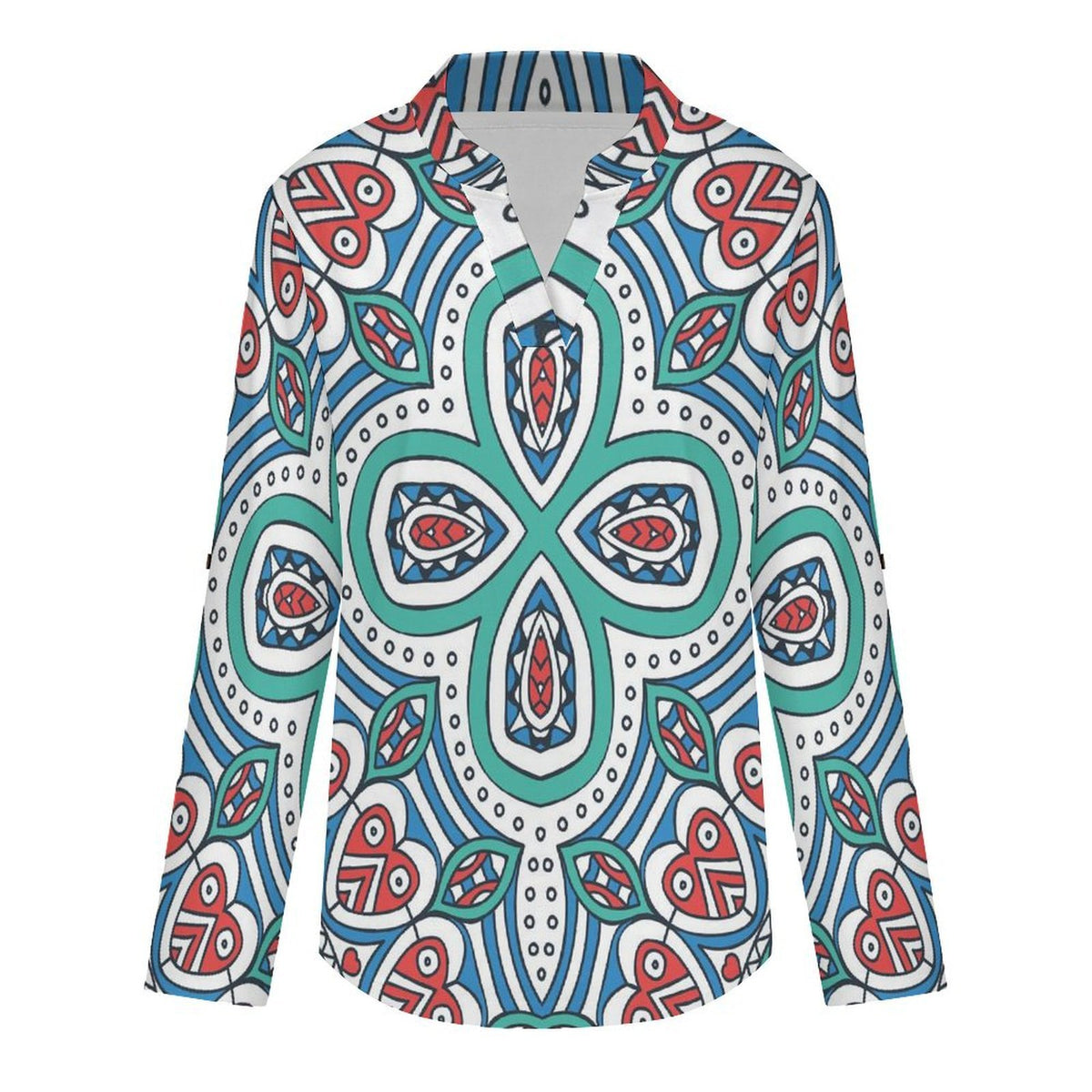 Roll Tab 3/4 Sleeve Notched V Neck Tunic Blouse  Chinese Style Repeating Pattern