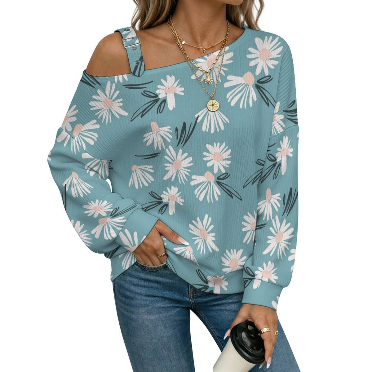 Off-the-shoulder Sweater Flowers Background  Asymmetric Cold Shoulder Knit Sweater for Women, Adjustable Buckle Strap Long Sleeve Casual Slouchy Pullover