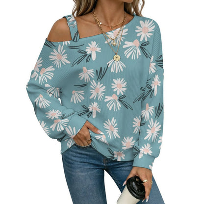 Off-the-shoulder Sweater Flowers Background  Asymmetric Cold Shoulder Knit Sweater for Women, Adjustable Buckle Strap Long Sleeve Casual Slouchy Pullover