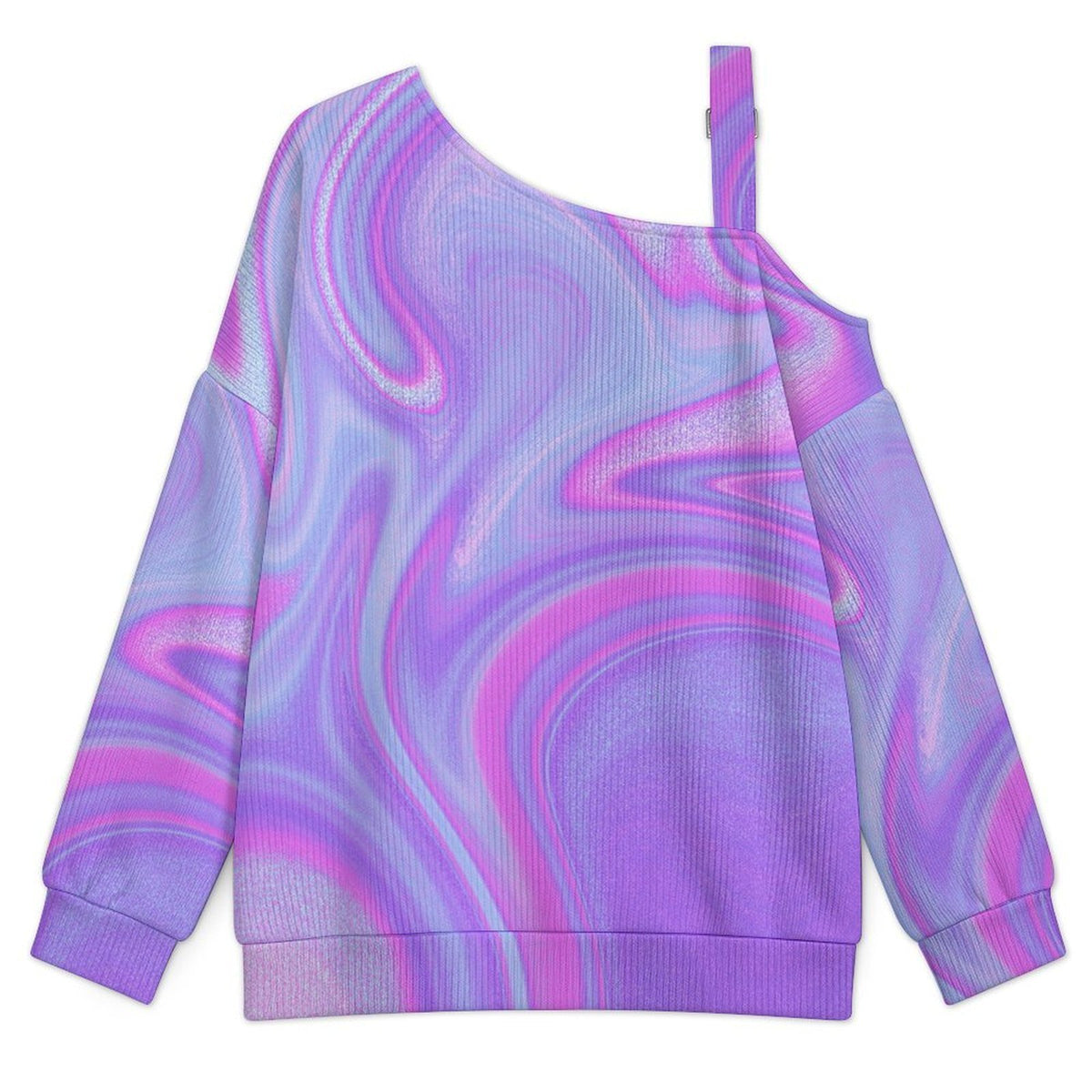 Off-the-shoulder Sweater Purple Corlor Corlorful Abstract  Asymmetric Cold Shoulder Knit Sweater for Women, Adjustable Buckle Strap Long Sleeve Casual Slouchy Pullover