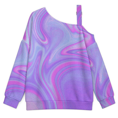 Off-the-shoulder Sweater Purple Corlor Corlorful Abstract  Asymmetric Cold Shoulder Knit Sweater for Women, Adjustable Buckle Strap Long Sleeve Casual Slouchy Pullover