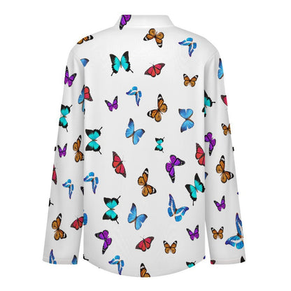 Stand-up Collar Long-sleeved Shirt Repeating Pattern, Butterfly, Color  Customization Women’s V-Neck Blouses,long Sleeve,Roll-Up Sleeve Shirt