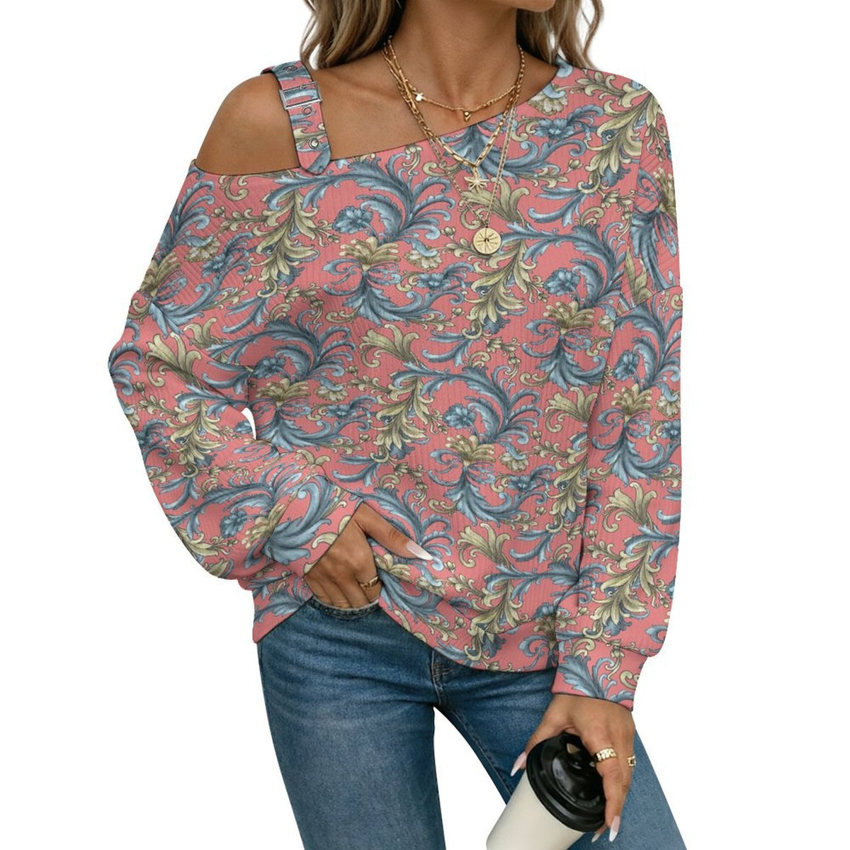 Off-the-shoulder Sweater Red Exotic Ethnic Pattern  Asymmetric Cold Shoulder Knit Sweater for Women, Adjustable Buckle Strap Long Sleeve Casual Slouchy Pullover