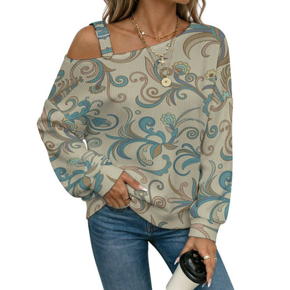 Off-the-shoulder Sweater European Retro Pattern  Asymmetric Cold Shoulder Knit Sweater for Women, Adjustable Buckle Strap Long Sleeve Casual Slouchy Pullover