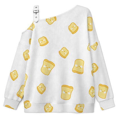 Off-the-shoulder Sweater Little Yellow Toast  Asymmetric Cold Shoulder Knit Sweater for Women, Adjustable Buckle Strap Long Sleeve Casual Slouchy Pullover