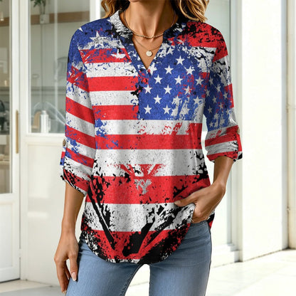 Stand-up Collar Long-sleeved Shirt American Flag Heart  Customization Women’s V-Neck Blouses,long Sleeve,Roll-Up Sleeve Shirt