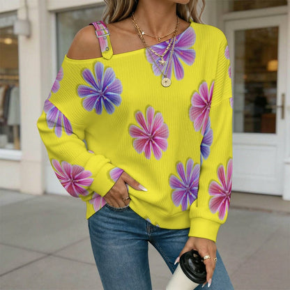 Off-the-shoulder Sweater Yellow Background, Purple Flowers  Asymmetric Cold Shoulder Knit Sweater for Women, Adjustable Buckle Strap Long Sleeve Casual Slouchy Pullover