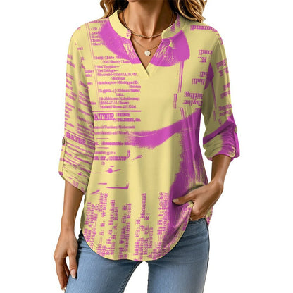 Stand-up Collar Long-sleeved Shirt Newspaper Girl Vintage  Customization Women’s V-Neck Blouses,long Sleeve,Roll-Up Sleeve Shirt