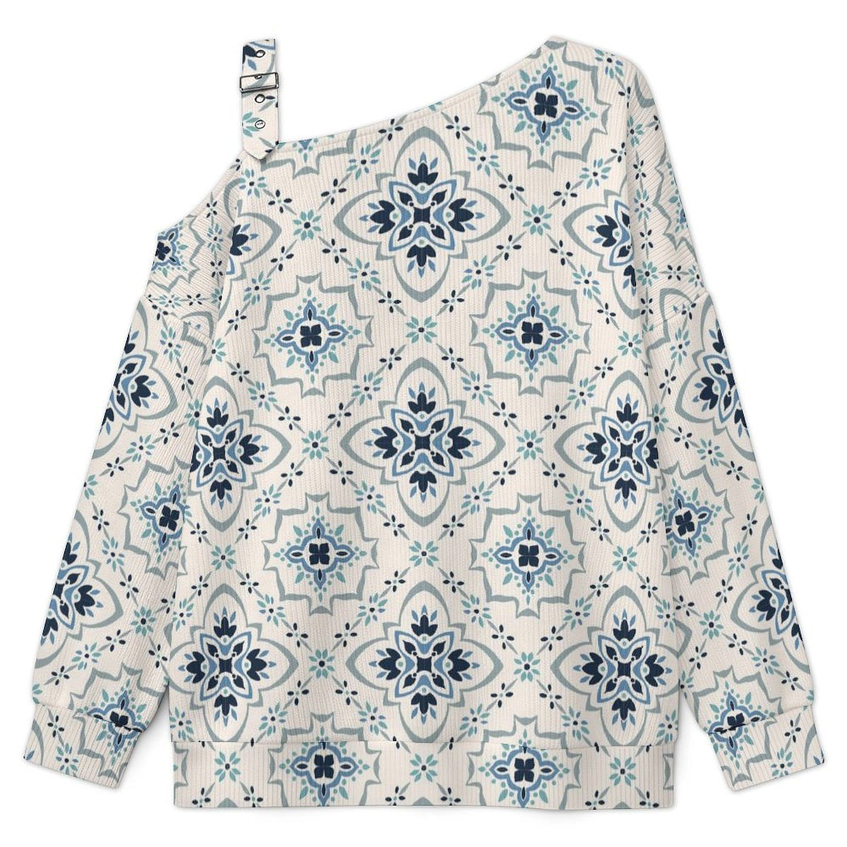 Off-the-shoulder Sweater European Retro Pattern  Asymmetric Cold Shoulder Knit Sweater for Women, Adjustable Buckle Strap Long Sleeve Casual Slouchy Pullover