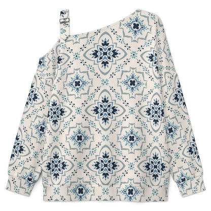 Off-the-shoulder Sweater European Retro Pattern  Asymmetric Cold Shoulder Knit Sweater for Women, Adjustable Buckle Strap Long Sleeve Casual Slouchy Pullover