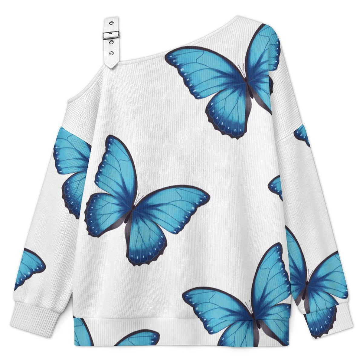 Off-the-shoulder Sweater Blue Morpho Butterfly Tile Decorative Pattern  Asymmetric Cold Shoulder Knit Sweater for Women, Adjustable Buckle Strap Long Sleeve Casual Slouchy Pullover