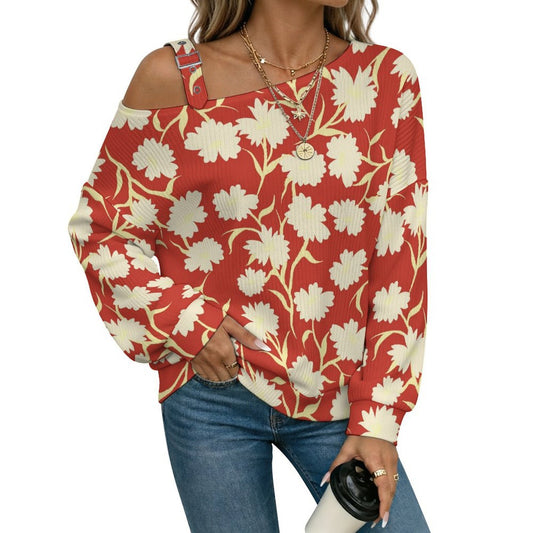 Off-the-shoulder Sweater Red Flower  Asymmetric Cold Shoulder Knit Sweater for Women, Adjustable Buckle Strap Long Sleeve Casual Slouchy Pullover