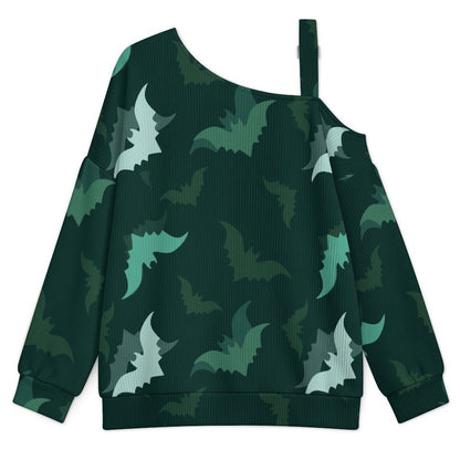 Green, Bat, Background Fall Casual Asymmetric Shoulder Knit Top with Buckle Detail
