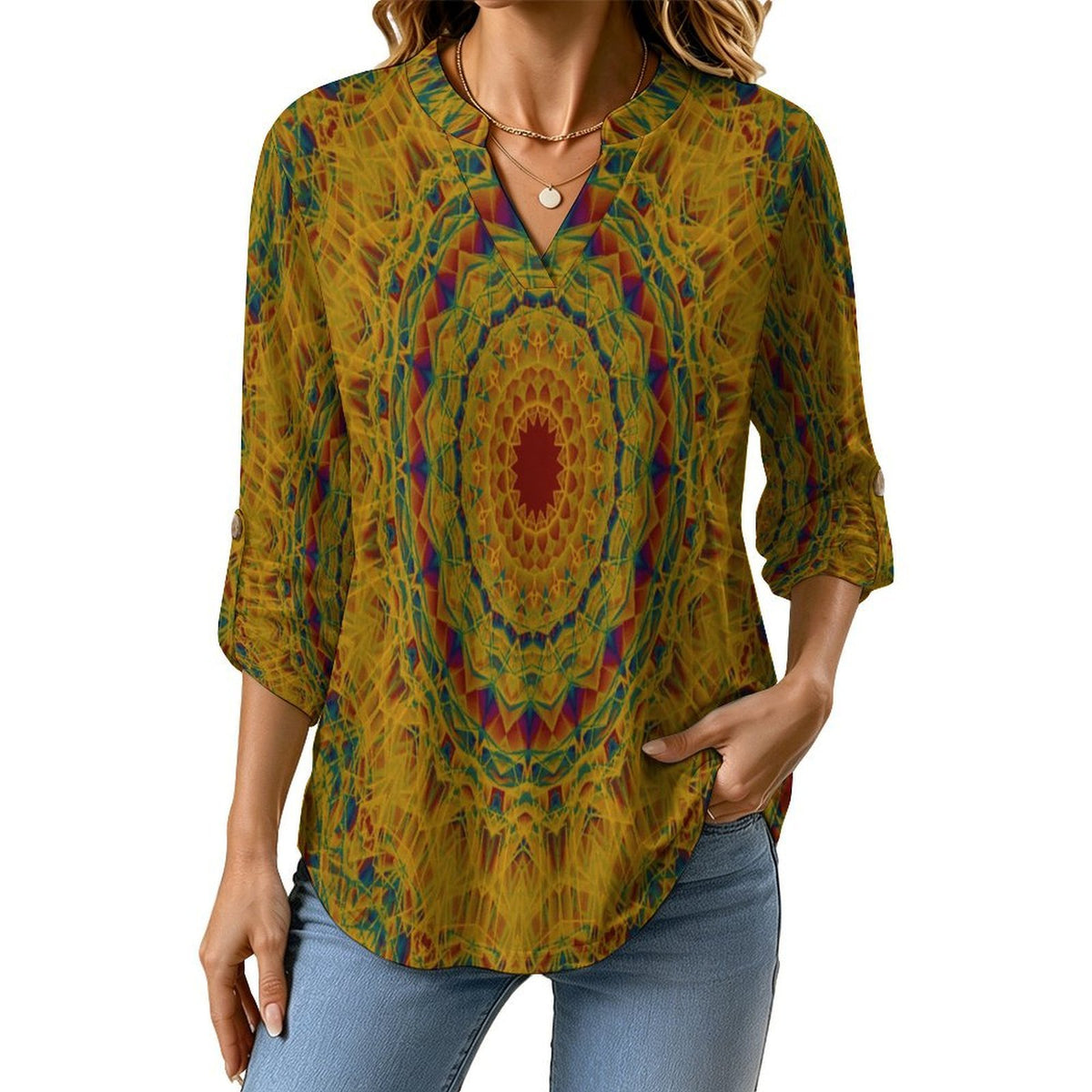 Women Curved Hem V Neck Roll Sleeve Casual Work Top  Retro Pattern, Background
