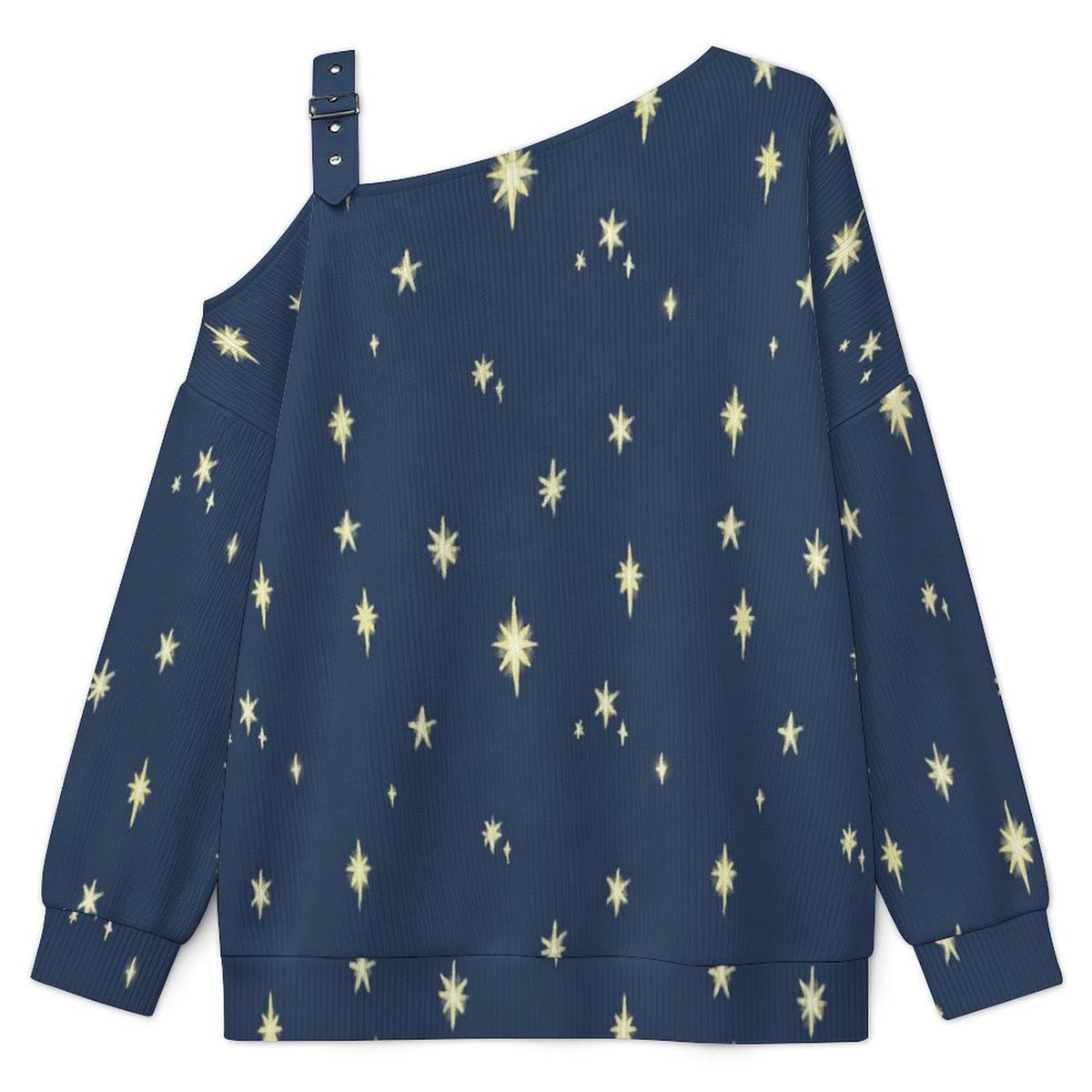 Off-the-shoulder Sweater Stars  Asymmetric Cold Shoulder Knit Sweater for Women, Adjustable Buckle Strap Long Sleeve Casual Slouchy Pullover