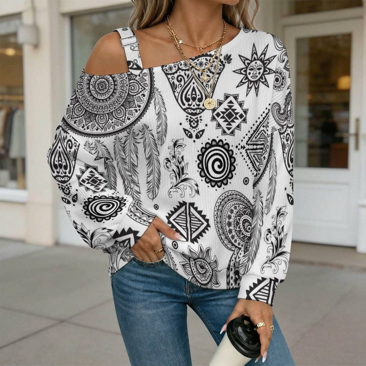 Off-the-shoulder Sweater Indian Decoration  Asymmetric Cold Shoulder Knit Sweater for Women, Adjustable Buckle Strap Long Sleeve Casual Slouchy Pullover