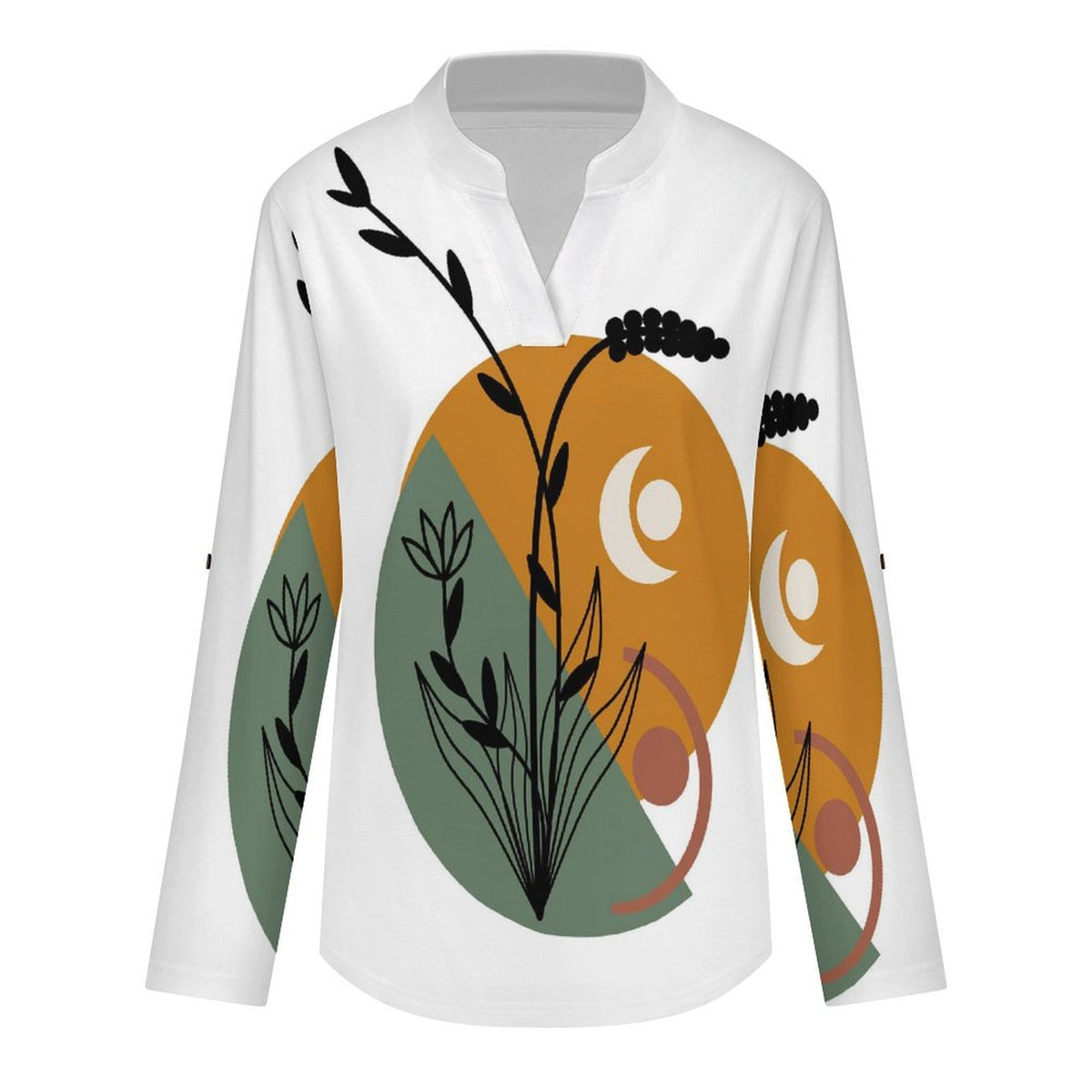 Stand-up Collar Long-sleeved Shirt Chinese Wind Scenery  Customization Women’s V-Neck Blouses,long Sleeve,Roll-Up Sleeve Shirt