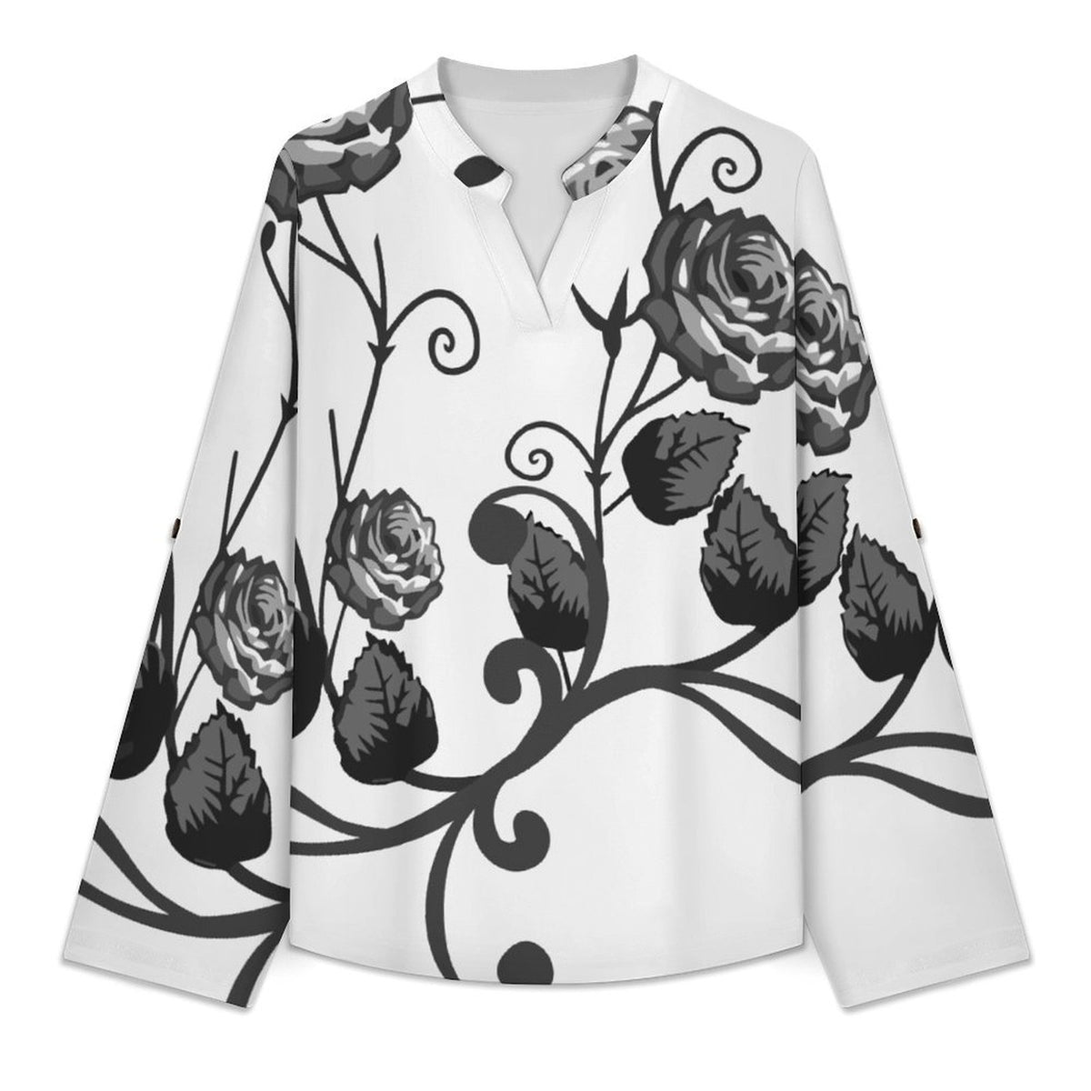 Stand-up Collar Long-sleeved Shirt Roses, Flowers  Customization Women’s V-Neck Blouses,long Sleeve,Roll-Up Sleeve Shirt